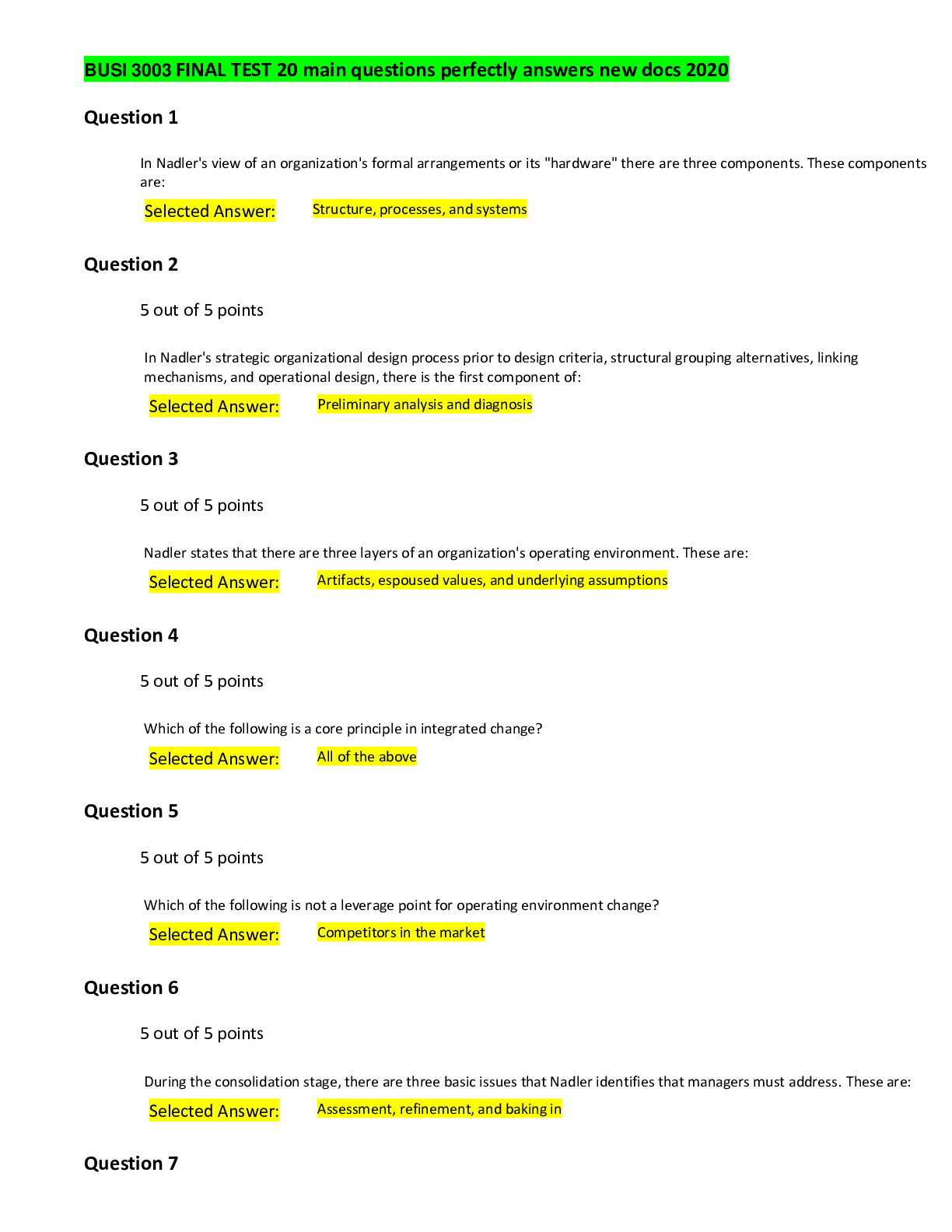 Preview of BUSI 3003 FINAL TEST 20 main questions perfectly answers new docs 2020